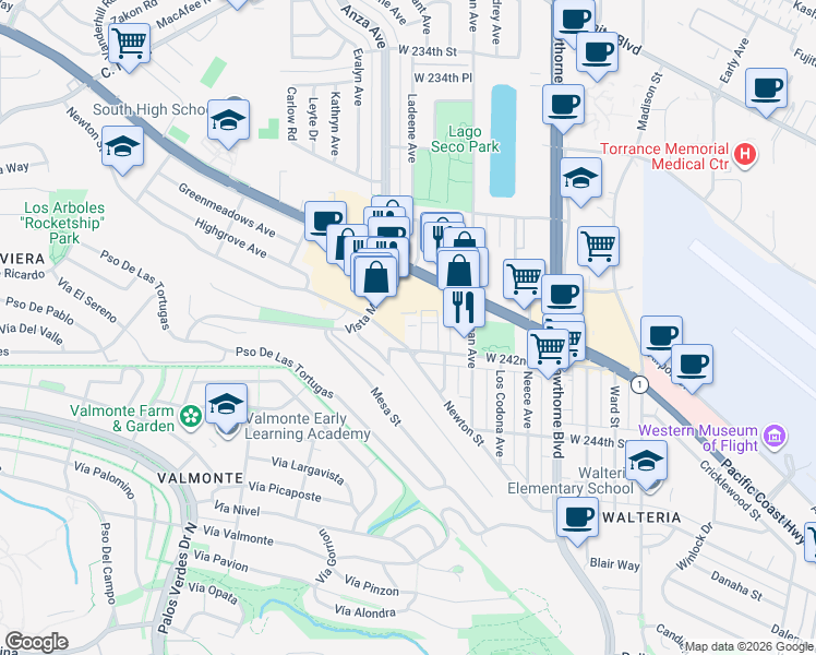 map of restaurants, bars, coffee shops, grocery stores, and more near 4134 Pacific Coast Highway in Torrance