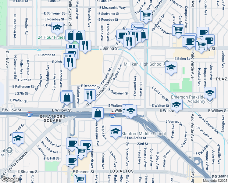 map of restaurants, bars, coffee shops, grocery stores, and more near 5825 East Barbanell Street in Long Beach