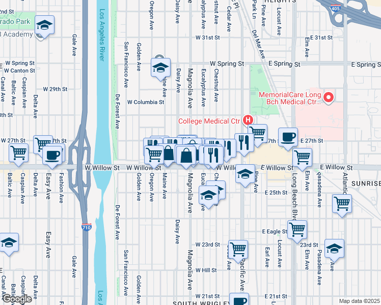map of restaurants, bars, coffee shops, grocery stores, and more near 3020 Magnolia Avenue in Long Beach