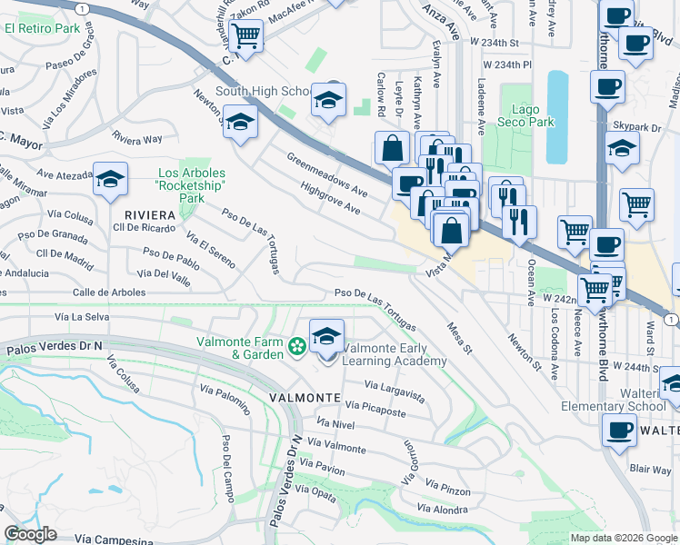 map of restaurants, bars, coffee shops, grocery stores, and more near 4511 Vía Corona in Torrance