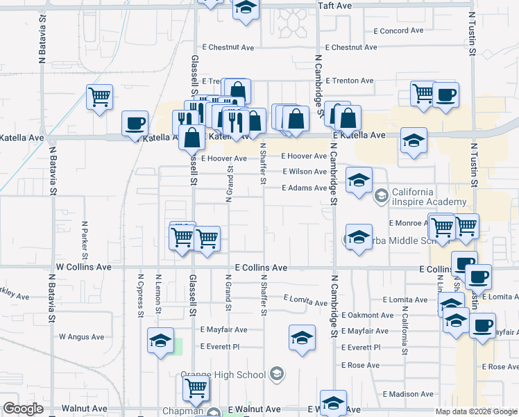 map of restaurants, bars, coffee shops, grocery stores, and more near 1066 North Shaffer Street in Orange