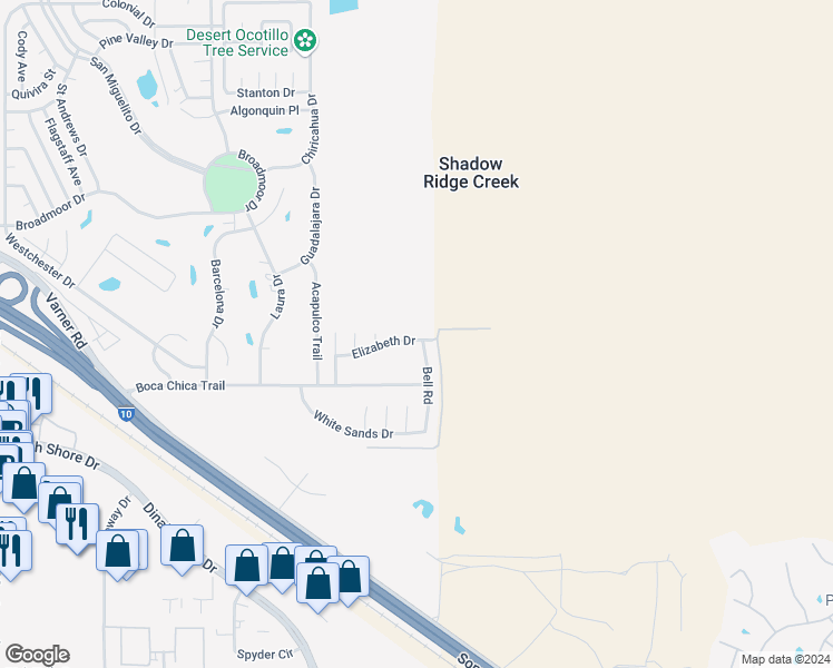map of restaurants, bars, coffee shops, grocery stores, and more near 73944 Elizabeth Drive in Thousand Palms