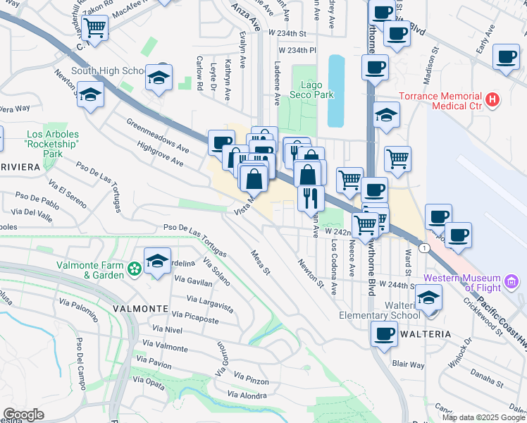 map of restaurants, bars, coffee shops, grocery stores, and more near 24046 Vista Montana in Torrance