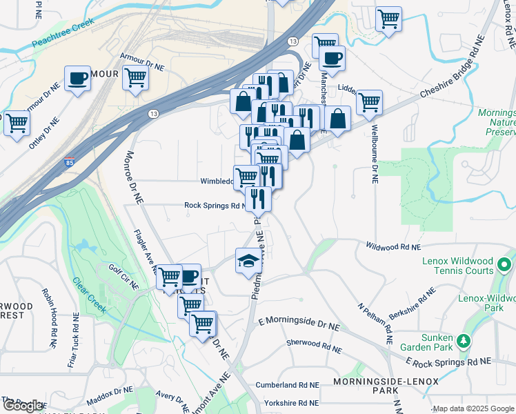 map of restaurants, bars, coffee shops, grocery stores, and more near 1824 Piedmont Avenue Northeast in Atlanta