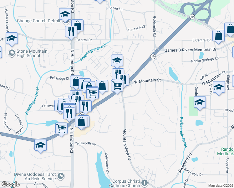 map of restaurants, bars, coffee shops, grocery stores, and more near 6167 Georgia 10 in Stone Mountain
