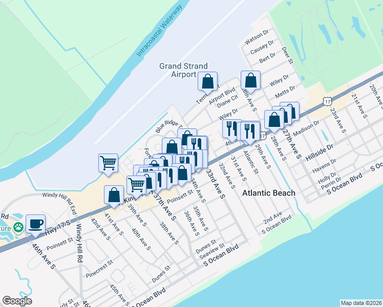 map of restaurants, bars, coffee shops, grocery stores, and more near 3314 Highway 17 South in North Myrtle Beach