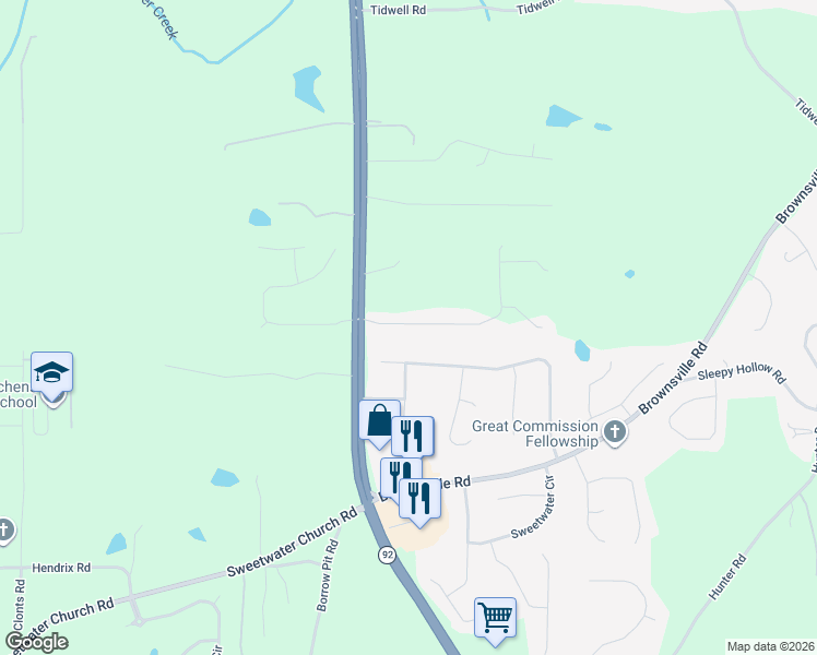 map of restaurants, bars, coffee shops, grocery stores, and more near 102 Indian Trail Drive in Powder Springs