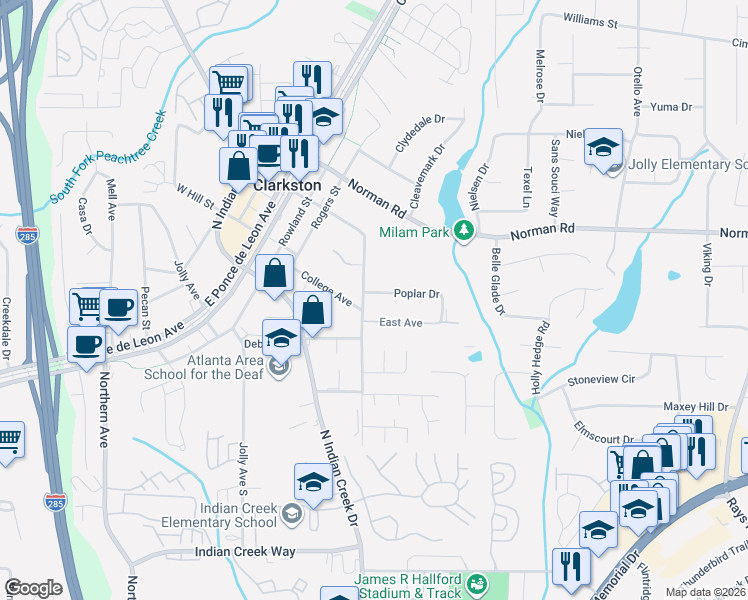 map of restaurants, bars, coffee shops, grocery stores, and more near 3749 Poplar Drive in Clarkston