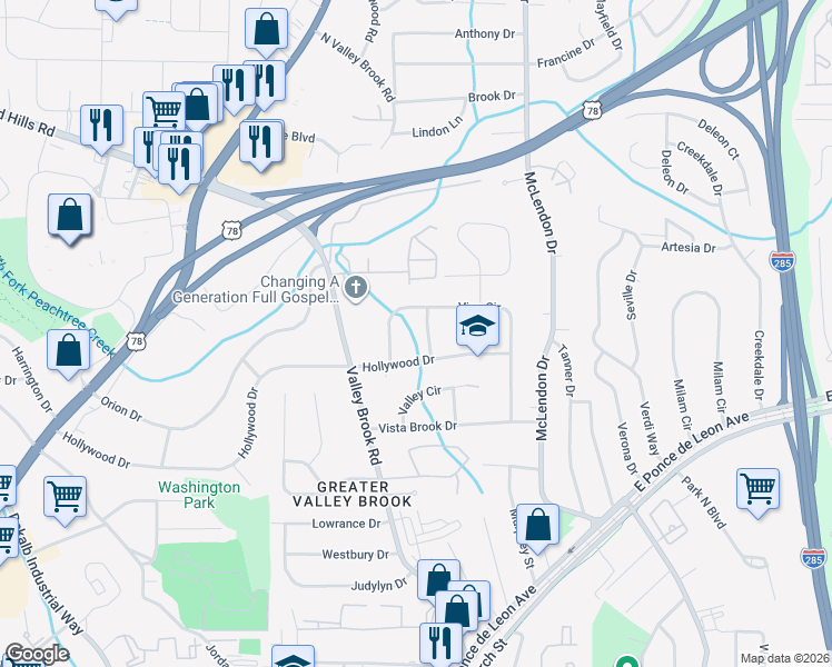 map of restaurants, bars, coffee shops, grocery stores, and more near 2989 Vine Circle in Decatur