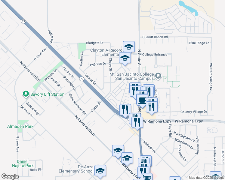 map of restaurants, bars, coffee shops, grocery stores, and more near 1334 Western Drive in San Jacinto