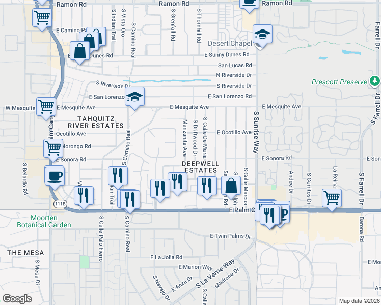 map of restaurants, bars, coffee shops, grocery stores, and more near 1323 South Driftwood Drive in Palm Springs