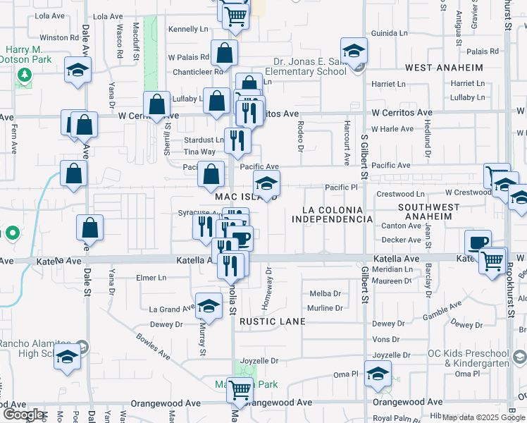 map of restaurants, bars, coffee shops, grocery stores, and more near 10821 Rustic Lane in Anaheim