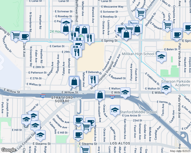 map of restaurants, bars, coffee shops, grocery stores, and more near 2711 Foreman Avenue in Long Beach