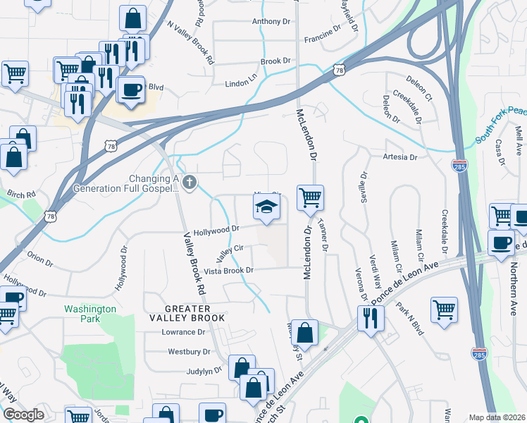 map of restaurants, bars, coffee shops, grocery stores, and more near 924 Greenbriar Place in Decatur