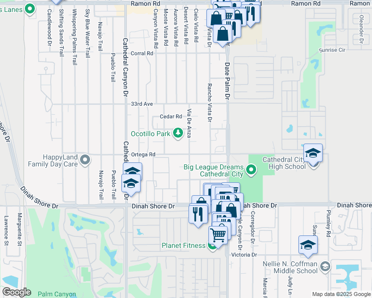 map of restaurants, bars, coffee shops, grocery stores, and more near 33425 Via De Anza in Cathedral City