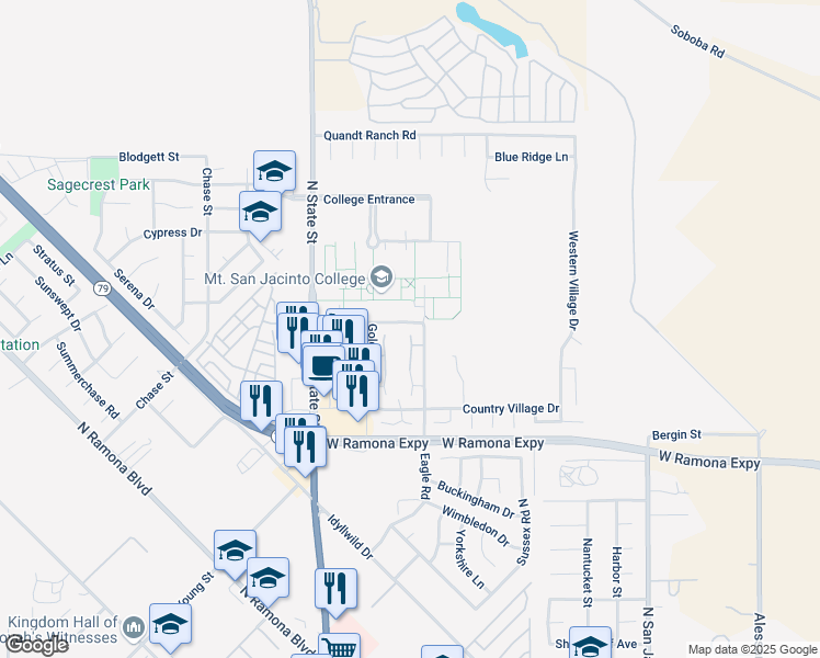 map of restaurants, bars, coffee shops, grocery stores, and more near 1396 Bushy Tail Trail in San Jacinto