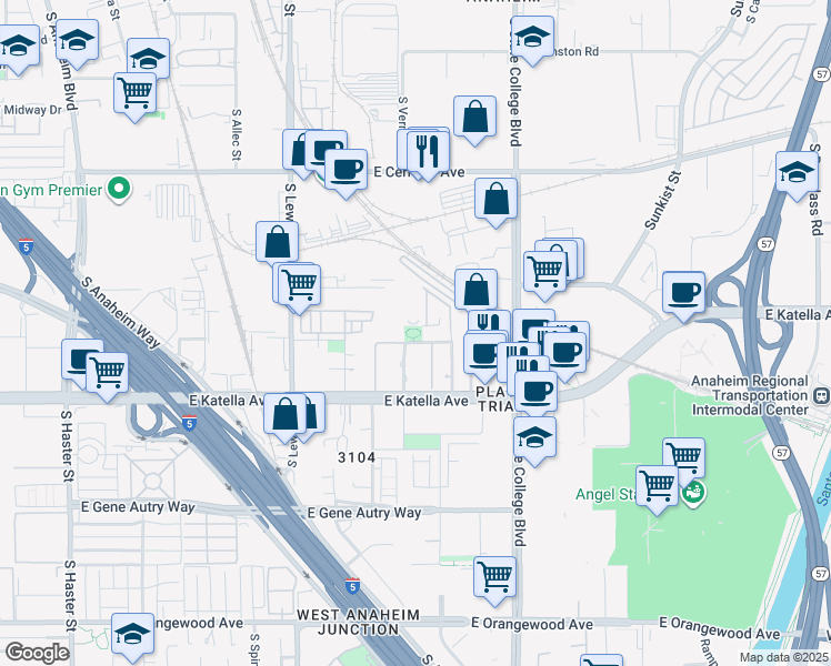 map of restaurants, bars, coffee shops, grocery stores, and more near 1515 Wright Circle in Anaheim