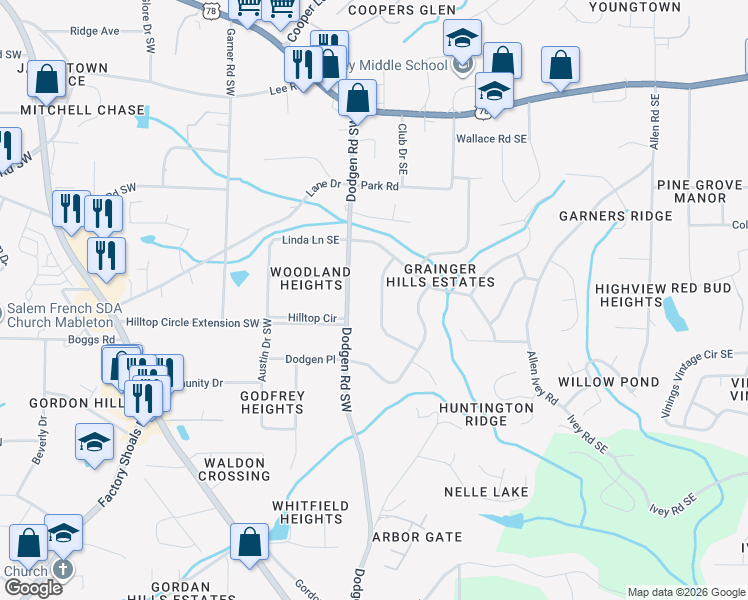 map of restaurants, bars, coffee shops, grocery stores, and more near 6050 Wedgewood Drive Southwest in Mableton