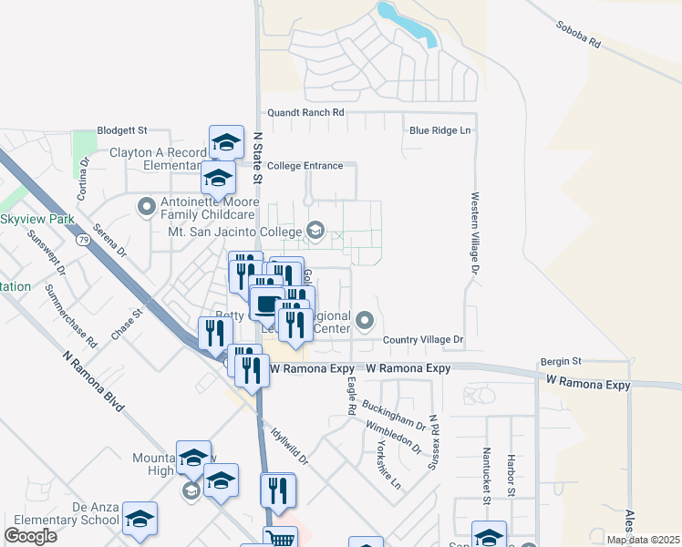 map of restaurants, bars, coffee shops, grocery stores, and more near 1397 Bushy Tail Trail in San Jacinto