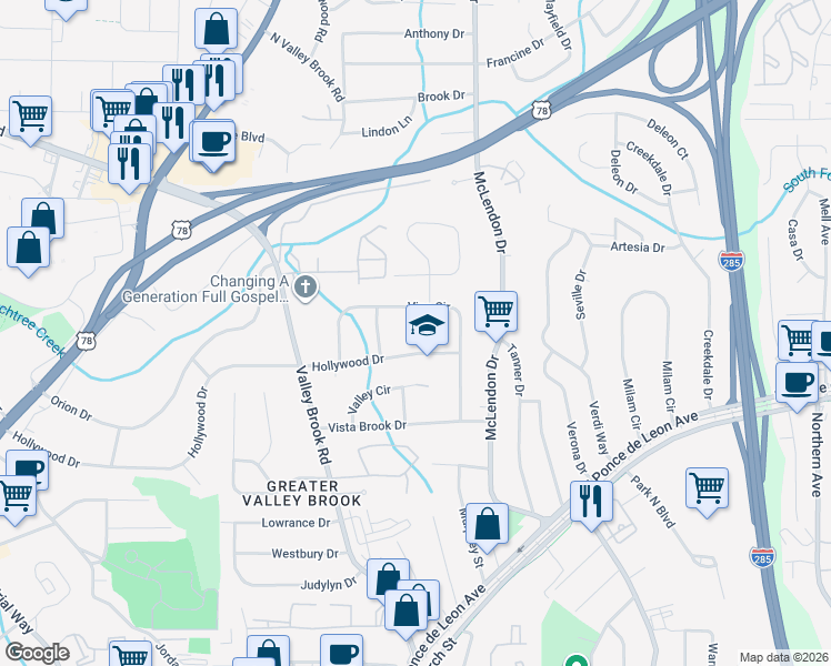 map of restaurants, bars, coffee shops, grocery stores, and more near 924 Greenbriar Place in Decatur