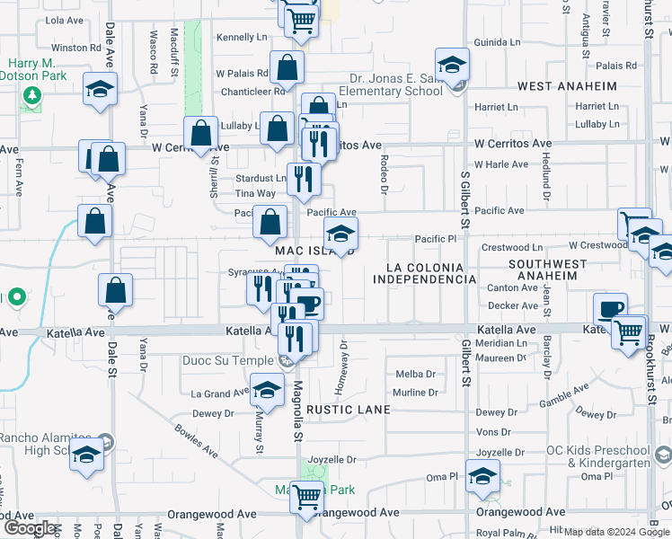 map of restaurants, bars, coffee shops, grocery stores, and more near 10821 Rustic Lane in Anaheim