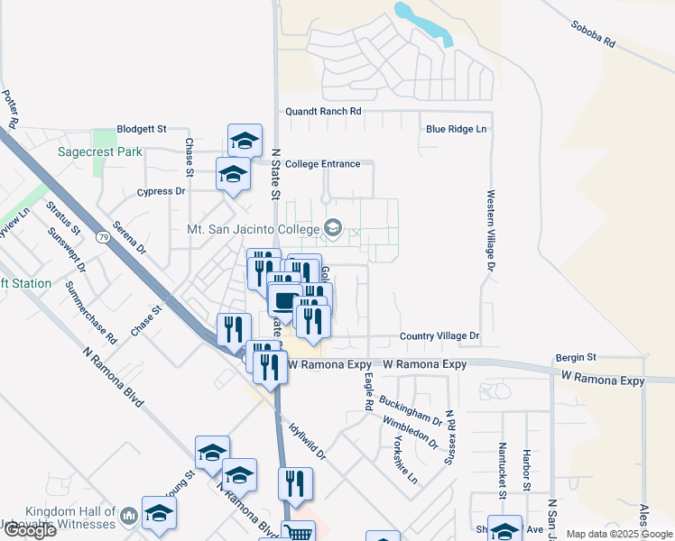 map of restaurants, bars, coffee shops, grocery stores, and more near 1396 Bushy Tail Trail in San Jacinto