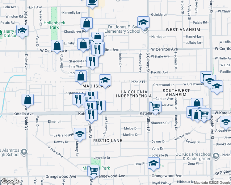 map of restaurants, bars, coffee shops, grocery stores, and more near 10822 Markev Street in Anaheim