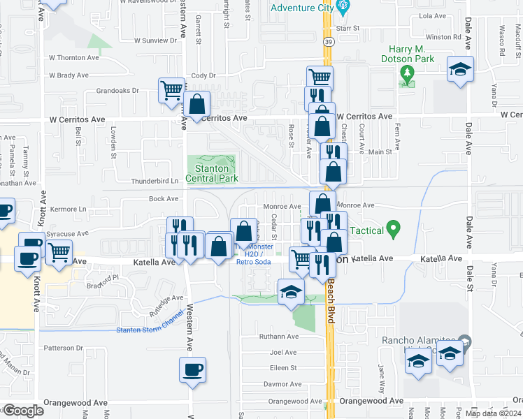 map of restaurants, bars, coffee shops, grocery stores, and more near 10812 Oak Street in Stanton