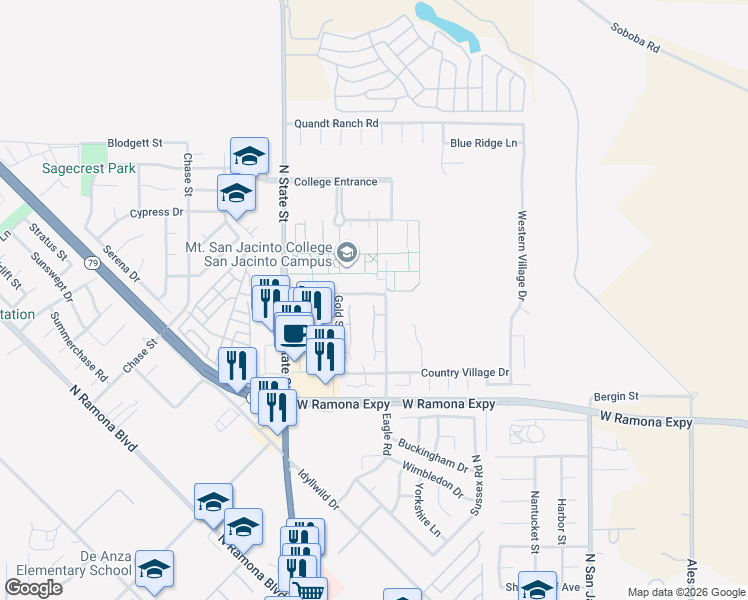 map of restaurants, bars, coffee shops, grocery stores, and more near 1396 Bushy Tail Trail in San Jacinto