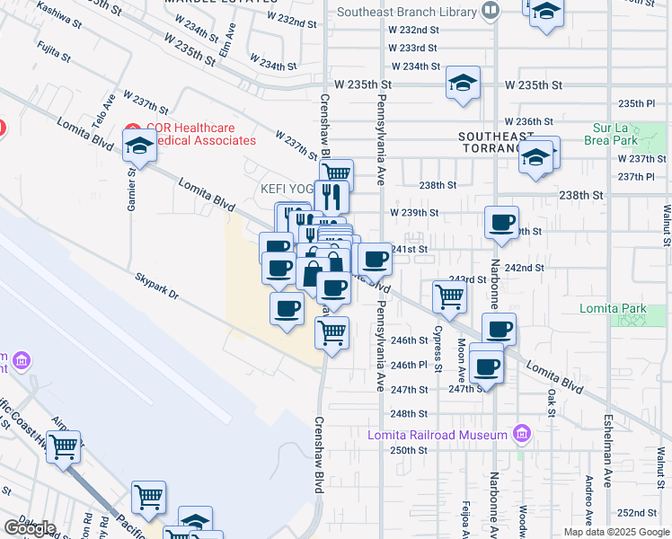 map of restaurants, bars, coffee shops, grocery stores, and more near 24200 Crenshaw Boulevard in Torrance