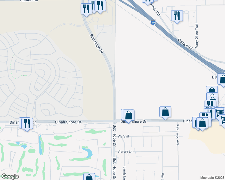 map of restaurants, bars, coffee shops, grocery stores, and more near 2531 Bob Hope Drive in Rancho Mirage