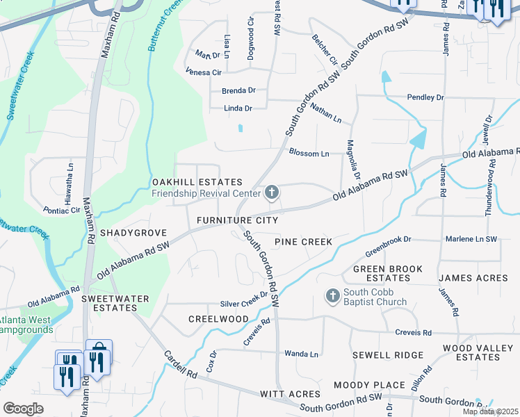 map of restaurants, bars, coffee shops, grocery stores, and more near 1884 Old Alabama Road Southwest in Austell
