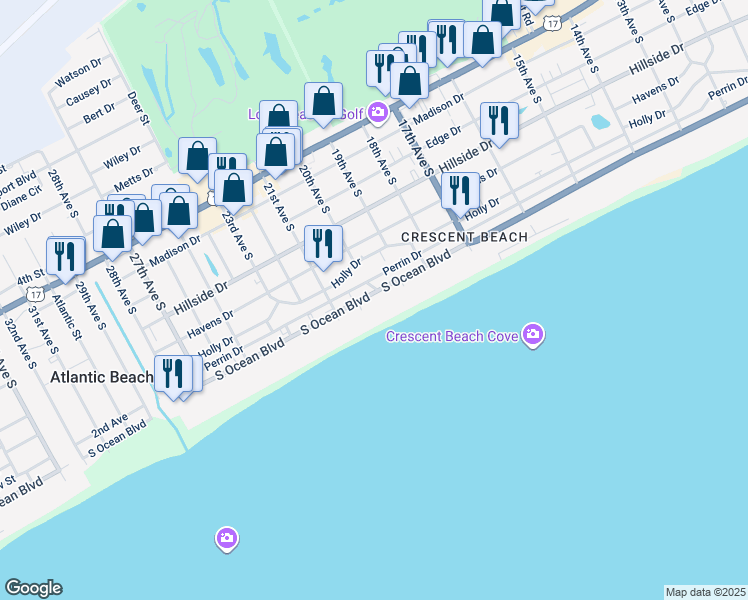 map of restaurants, bars, coffee shops, grocery stores, and more near 2001 South Ocean Boulevard in North Myrtle Beach