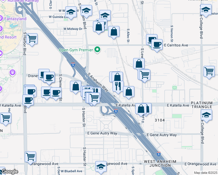 map of restaurants, bars, coffee shops, grocery stores, and more near 1730 South Anaheim Boulevard in Anaheim