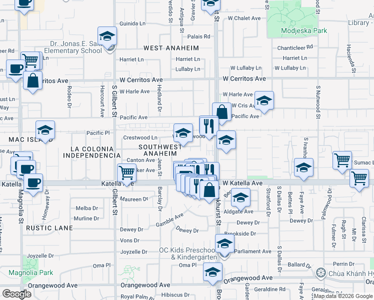 map of restaurants, bars, coffee shops, grocery stores, and more near 1721 South Nedra Place in Anaheim