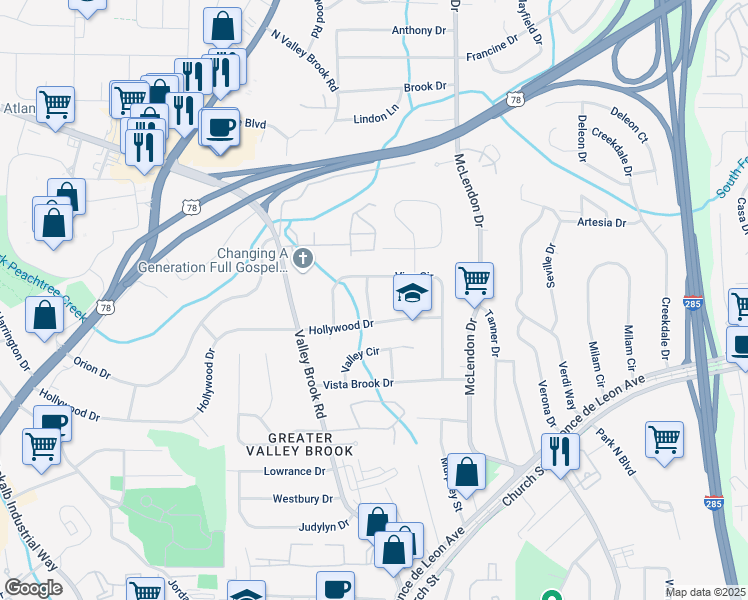 map of restaurants, bars, coffee shops, grocery stores, and more near 925 Brookdale Place in Decatur