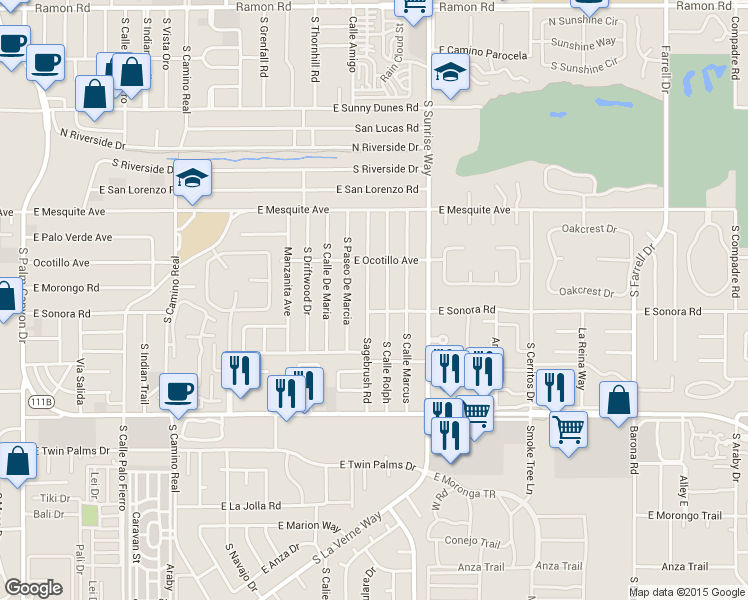 map of restaurants, bars, coffee shops, grocery stores, and more near 1350 Sagebrush Road in Palm Springs