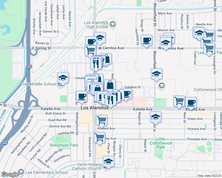 map of restaurants, bars, coffee shops, grocery stores, and more near 108 Reagan Street in Los Alamitos
