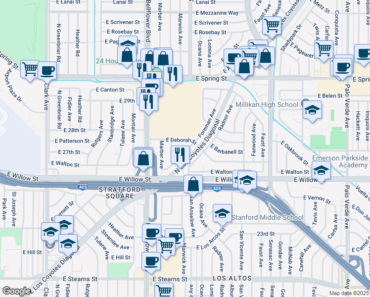 map of restaurants, bars, coffee shops, grocery stores, and more near 2711 Foreman Avenue in Long Beach