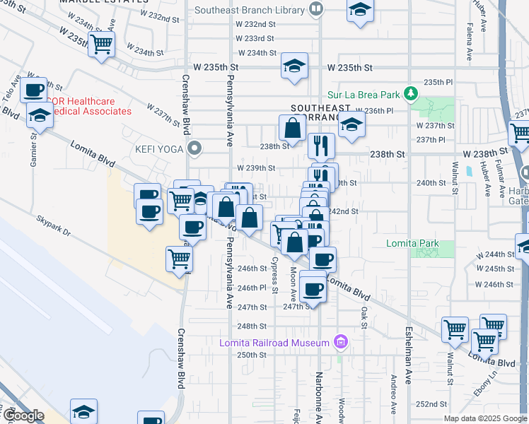 map of restaurants, bars, coffee shops, grocery stores, and more near 24202 Lomita Drive in Lomita