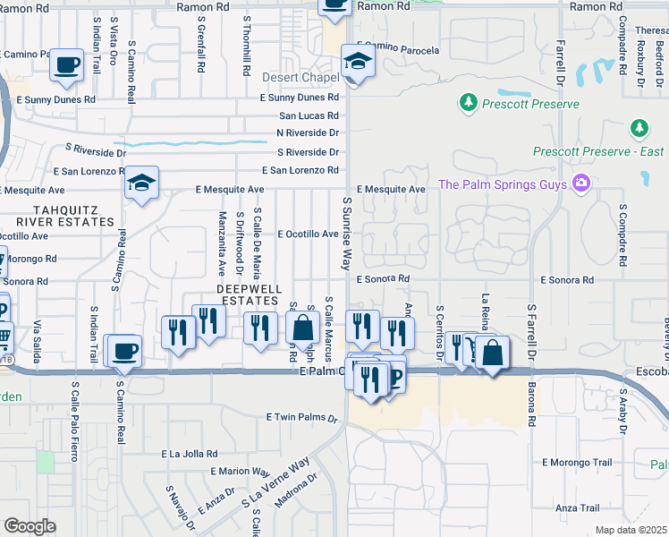 map of restaurants, bars, coffee shops, grocery stores, and more near 1350 South Cll Marcus in Palm Springs