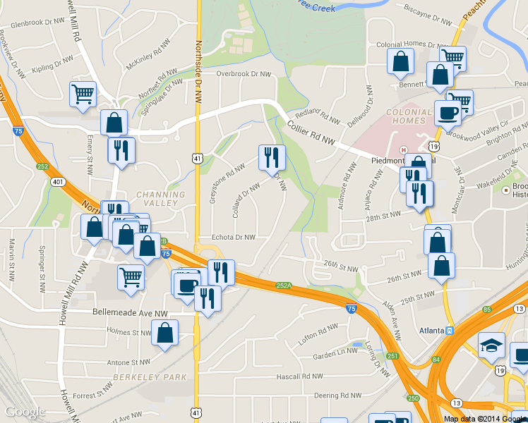 map of restaurants, bars, coffee shops, grocery stores, and more near 1845 Meredith Drive Northwest in Atlanta
