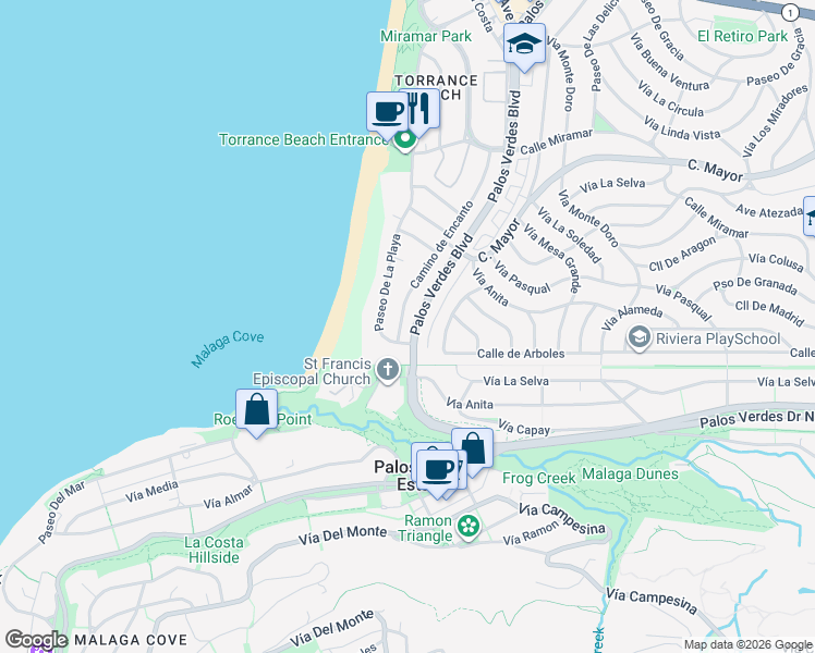 map of restaurants, bars, coffee shops, grocery stores, and more near 634 Camino de Encanto in Redondo Beach