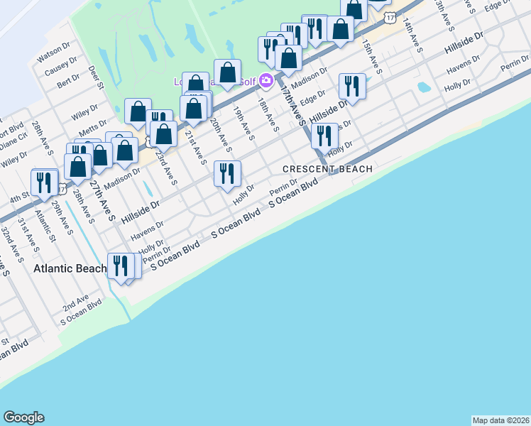 map of restaurants, bars, coffee shops, grocery stores, and more near 2001 South Ocean Boulevard in North Myrtle Beach
