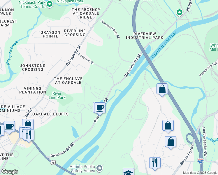 map of restaurants, bars, coffee shops, grocery stores, and more near 6148 Riverview Road Southeast in Mableton