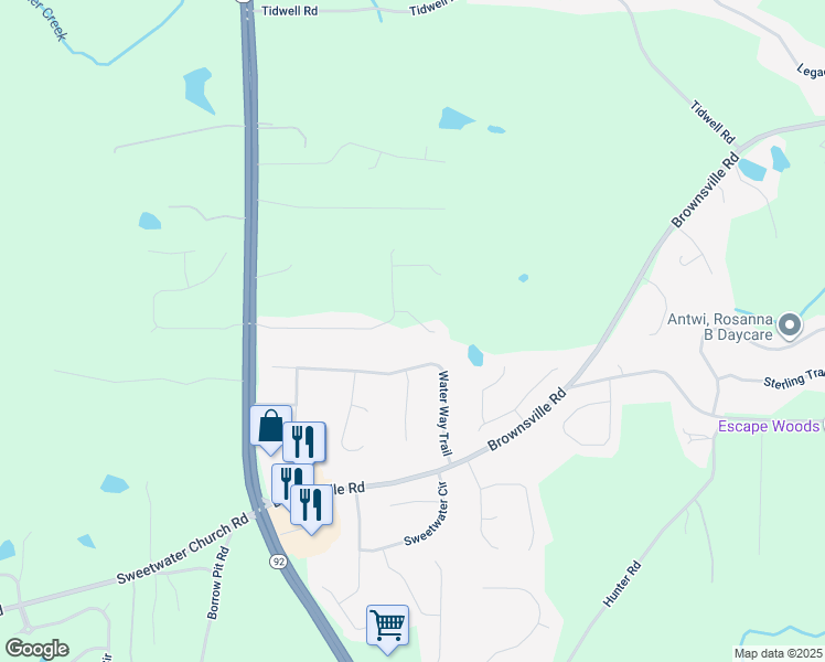 map of restaurants, bars, coffee shops, grocery stores, and more near 60 Indian Trail Court in Powder Springs
