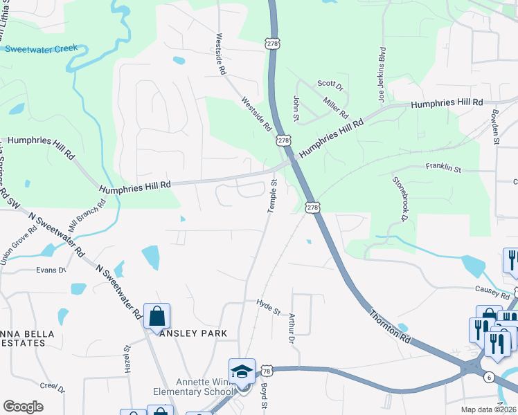 map of restaurants, bars, coffee shops, grocery stores, and more near 6203 Temple Street in Lithia Springs
