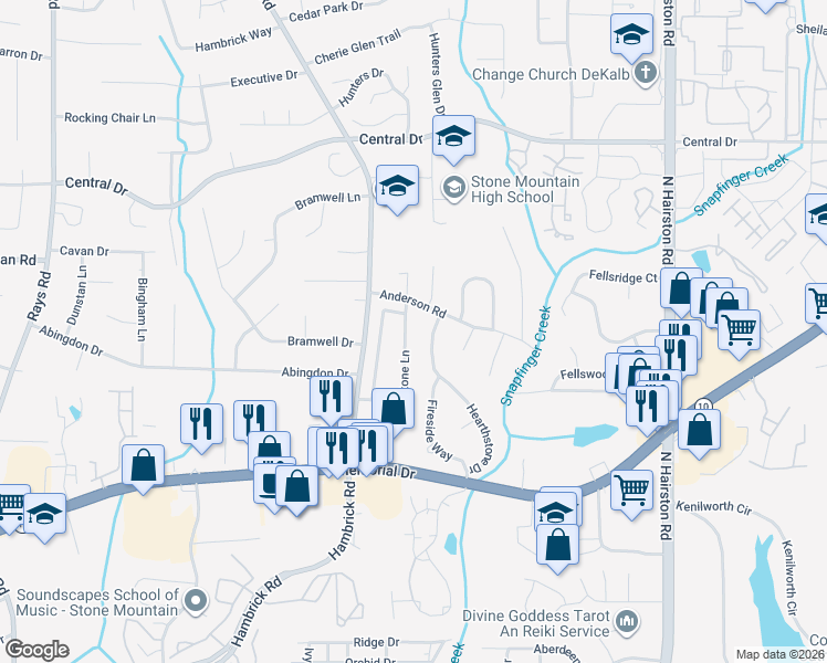 map of restaurants, bars, coffee shops, grocery stores, and more near 4675 Stone Ln in Stone Mountain