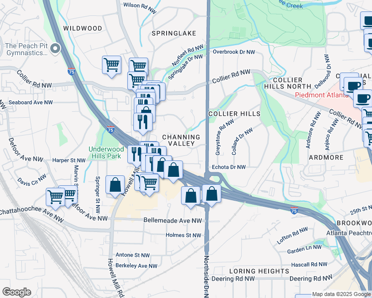 map of restaurants, bars, coffee shops, grocery stores, and more near 648 Channing Drive Northwest in Atlanta