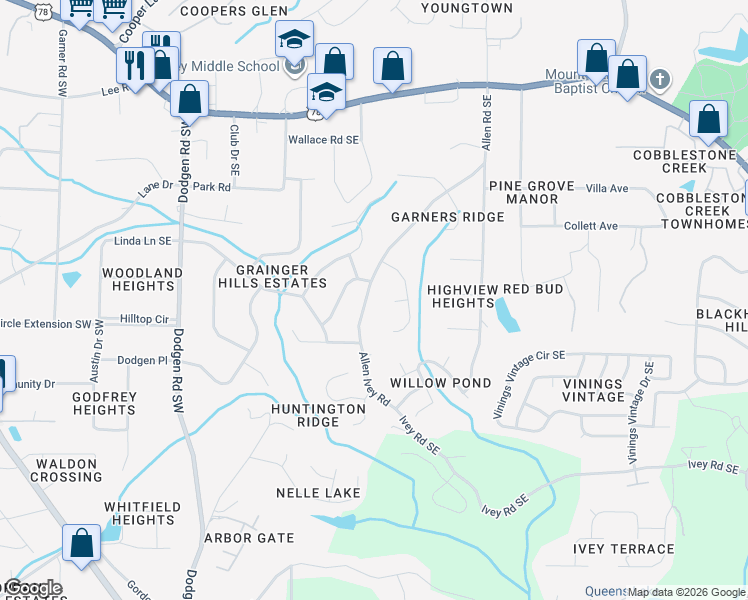 map of restaurants, bars, coffee shops, grocery stores, and more near 6077 Allen Road Southeast in Mableton